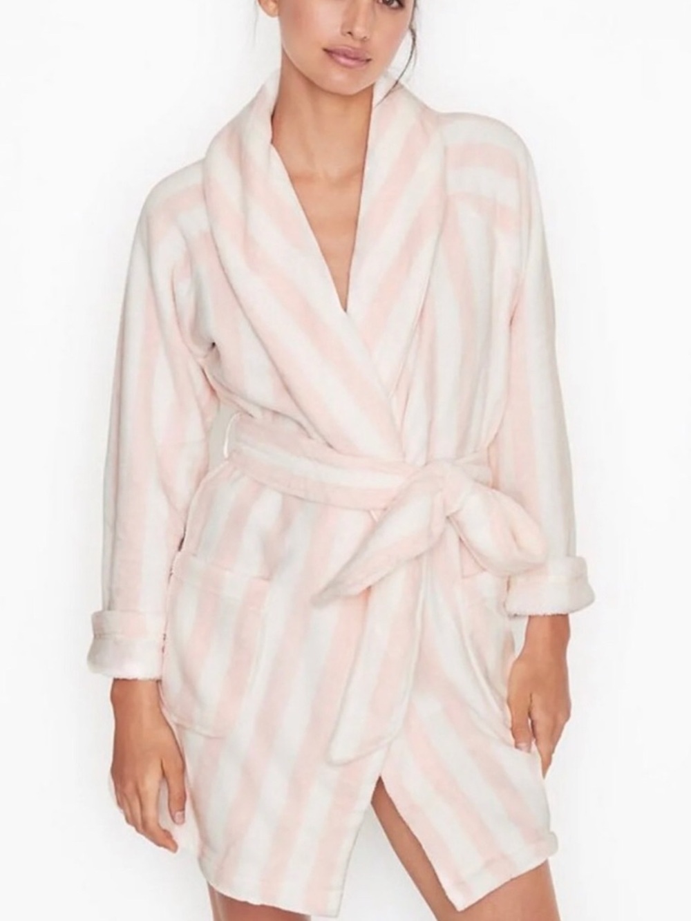 Victoria's Secret Pink & White Striped Plush Robe